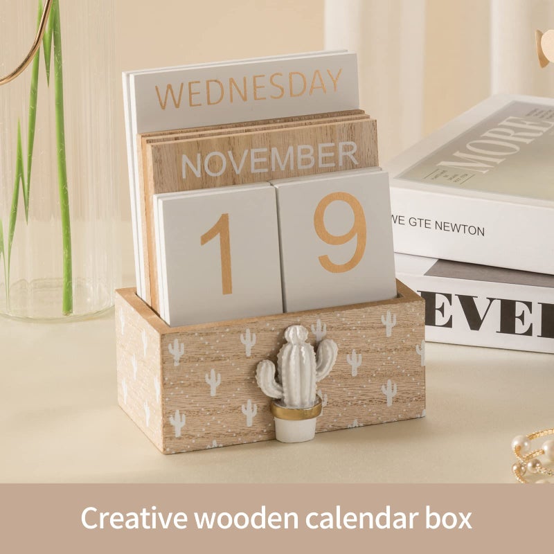 Aovdy Block Calendar for Desk 2025  Wood Desk Perpetual Calendar  Valentines Day Gift Daily Desktop Vintage Wooden Blocks for Home Farmhouse Office Aesthetic Decor Rustic Decoration Brown Pineapple - Image 5